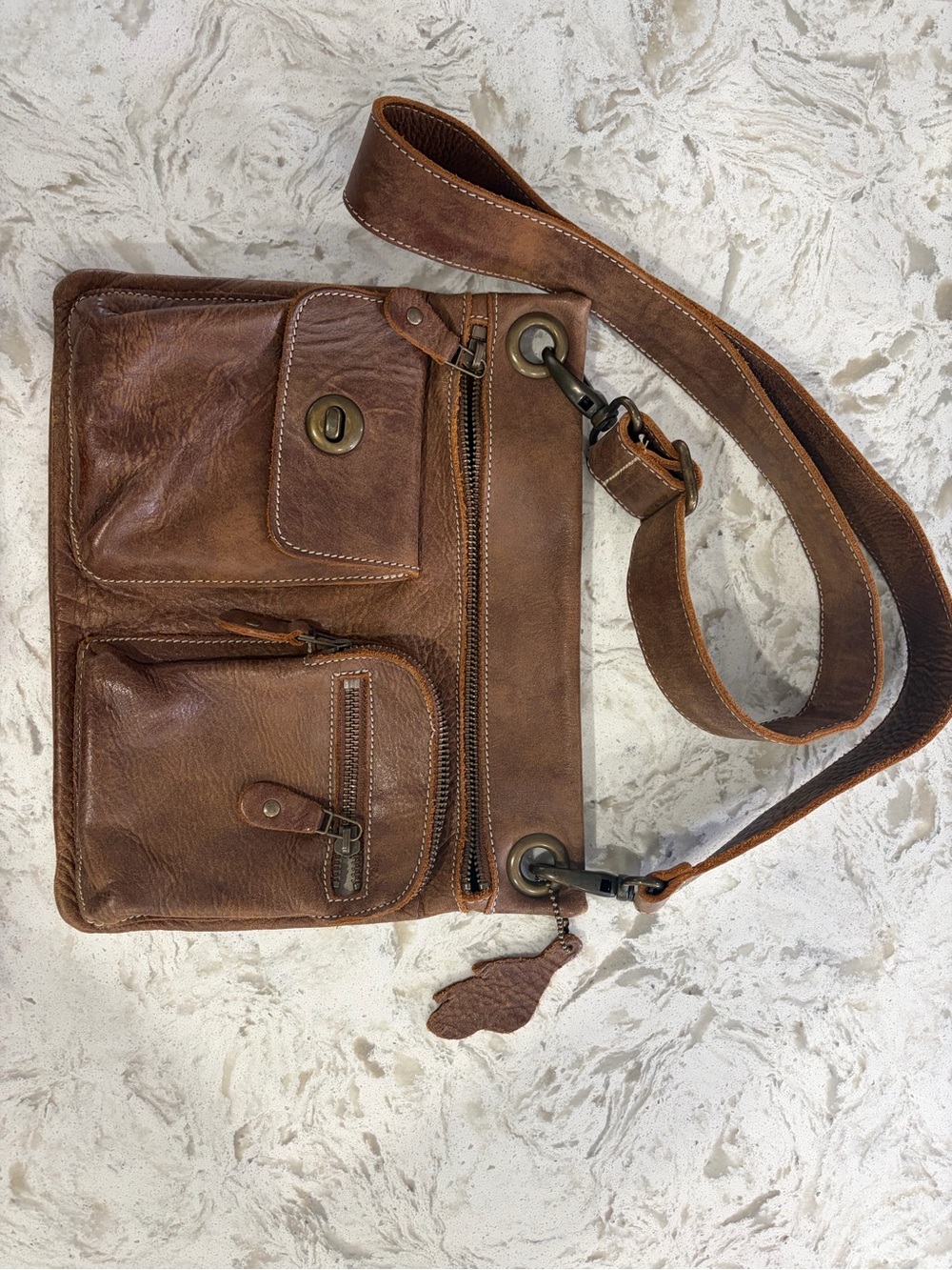 Roots Brown Leather Crossbody Bag - Classic Casual Shoulder Bag